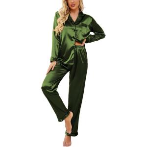 Ekouaer Women’s Classic Button Down Long Satin Silk Pajama Set(Army Green)