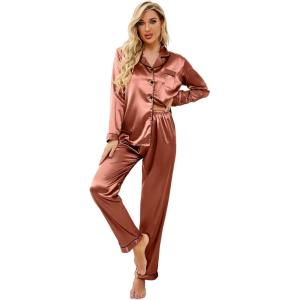 Ekouaer Women’s Classic Button Down Long Satin Silk Pajama Set(Brown)