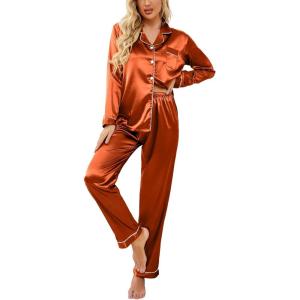 Ekouaer Women’s Classic Button Down Long Satin Silk Pajama Set(Caramel)