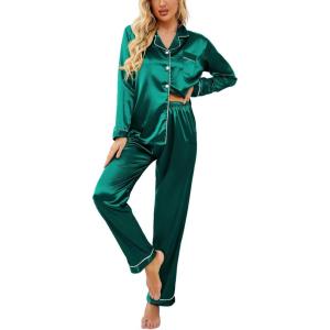 Ekouaer Women’s Classic Button Down Long Satin Silk Pajama Set(Deep Green)