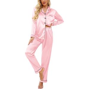 Ekouaer Women’s Classic Button Down Long Satin Silk Pajama Set(Deep Pink)