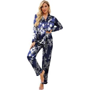 Ekouaer Women’s Classic Button Down Long Satin Silk Pajama Set(Navy Floral)