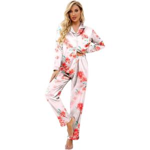 Ekouaer Women’s Classic Button Down Long Satin Silk Pajama Set(Pink Floral)