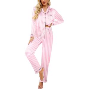 Ekouaer Women’s Classic Button Down Long Satin Silk Pajama Set(Pink Stripes)