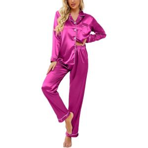 Ekouaer Women’s Classic Button Down Long Satin Silk Pajama Set(Rose)