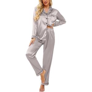 Ekouaer Women’s Classic Button Down Long Satin Silk Pajama Set(Silver)