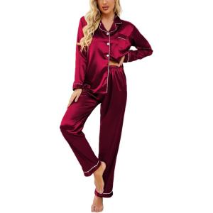 Ekouaer Women’s Classic Button Down Long Satin Silk Pajama Set(Wine Red)
