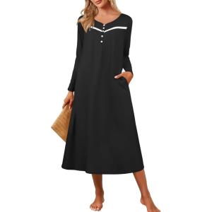 Ekouaer Women’s Long Sleeve Nightgown Full Length Pajama Dress with Pockets V Neck Nightshirts Lace Trim Sleepwear(Black)