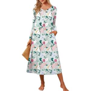 Ekouaer Women’s Long Sleeve Nightgown Full Length Pajama Dress with Pockets V Neck Nightshirts Lace Trim Sleepwear(Green With Pink Flower)