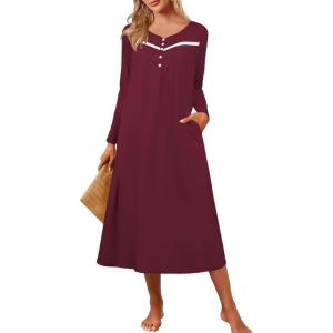 Ekouaer Women’s Long Sleeve Nightgown Full Length Pajama Dress with Pockets V Neck Nightshirts Lace Trim Sleepwear(Wine Red)