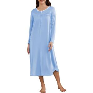 Ekouaer Women’s Long Sleeve Nightgown Long Sleepshirt Henley Nightgowns Full Length Sleep Dress with Pockets S-3XL(Blue)