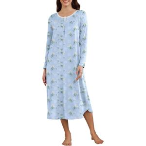 Ekouaer Women’s Long Sleeve Nightgown Long Sleepshirt Henley Nightgowns Full Length Sleep Dress with Pockets S-3XL(Light Blue Floral)
