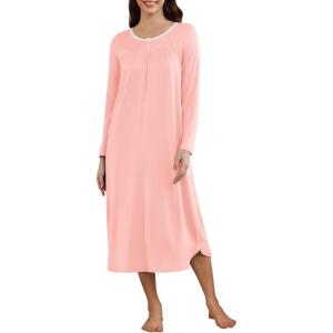Ekouaer Women’s Long Sleeve Nightgown Long Sleepshirt Henley Nightgowns Full Length Sleep Dress with Pockets S-3XL(Light Pink)