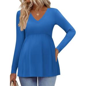 Ekouaer Women’s Maternity Shirts Long Sleeve Pregnancy Tops for Women V Neck Tunic Blouses Clothes(Blue)