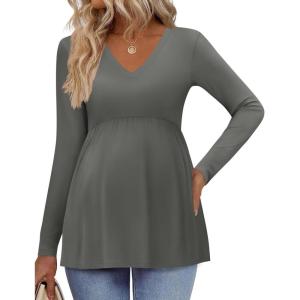 Ekouaer Women’s Maternity Shirts Long Sleeve Pregnancy Tops for Women V Neck Tunic Blouses Clothes(Dark Grey)