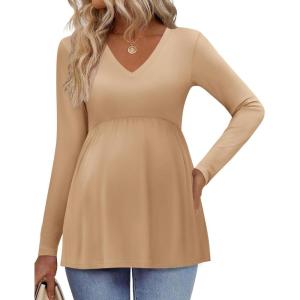 Ekouaer Women’s Maternity Shirts Long Sleeve Pregnancy Tops for Women V Neck Tunic Blouses Clothes(Khaki)