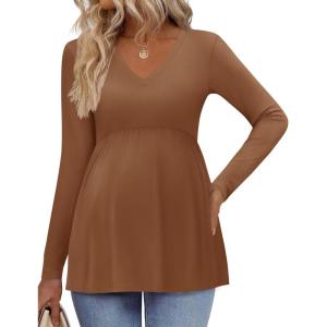 Ekouaer Women’s Maternity Shirts Long Sleeve Pregnancy Tops for Women V Neck Tunic Blouses Clothes(Light Brown)