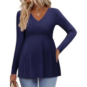 Ekouaer Women’s Maternity Shirts Long Sleeve Pregnancy Tops for Women V Neck Tunic Blouses Clothes(Navy Blue)