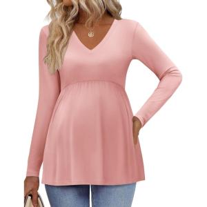 Ekouaer Women’s Maternity Shirts Long Sleeve Pregnancy Tops for Women V Neck Tunic Blouses Clothes(Pink)