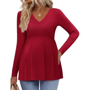Ekouaer Women’s Maternity Shirts Long Sleeve Pregnancy Tops for Women V Neck Tunic Blouses Clothes(Wine Red)