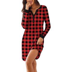 Ekouaer Women’s Nightgown Long Sleeve Sleepshirt Button Down Nightshirt V Neck Pajama Dress with Pockets S-XXXL(Red and Black Plaid)