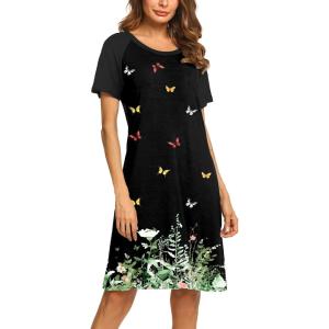 Ekouaer Womens Nightgown Short Sleeve Night Dress Printed Sleepwear Soft Sleep Shirt S-3XL(Black Butterfly Floral Print)