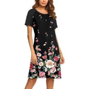 Ekouaer Womens Nightgown Short Sleeve Night Dress Printed Sleepwear Soft Sleep Shirt S-3XL(Black Floral Print)