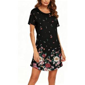 Ekouaer Womens Nightgown Short Sleeve Night Dress Printed Sleepwear Soft Sleep Shirt S-3XL(Black Flower)