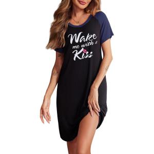 Ekouaer Womens Nightgown Short Sleeve Night Dress Printed Sleepwear Soft Sleep Shirt S-3XL(Black-kiss)