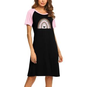 Ekouaer Womens Nightgown Short Sleeve Night Dress Printed Sleepwear Soft Sleep Shirt S-3XL(Black-rainbow)