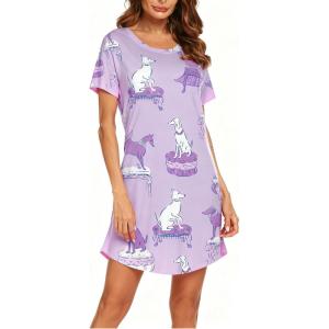 Ekouaer Womens Nightgown Short Sleeve Night Dress Printed Sleepwear Soft Sleep Shirt S-3XL(Purple Dog)