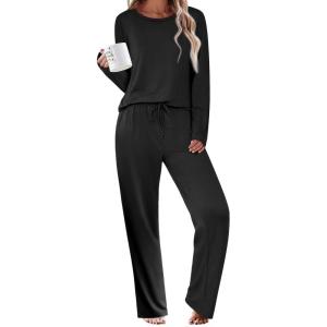Ekouaer Womens Pajama Sets 2 Piece Sleepwear Soft Pajamas Long Sleeve Pjs Comfy Loungewear S-XXL(Black)