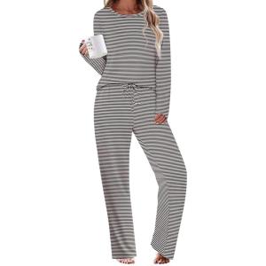 Ekouaer Womens Pajama Sets 2 Piece Sleepwear Soft Pajamas Long Sleeve Pjs Comfy Loungewear S-XXL(Black Stripe)