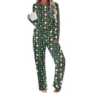 Ekouaer Womens Pajama Sets 2 Piece Sleepwear Soft Pajamas Long Sleeve Pjs Comfy Loungewear S-XXL(Christmas Green Santa)