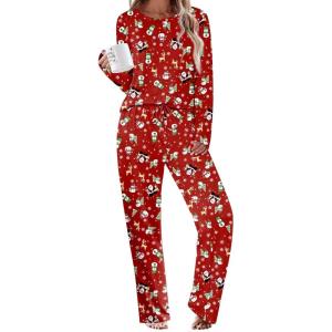 Ekouaer Womens Pajama Sets 2 Piece Sleepwear Soft Pajamas Long Sleeve Pjs Comfy Loungewear S-XXL(Christmas Red Snowman)