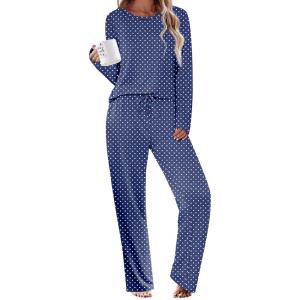 Ekouaer Womens Pajama Sets 2 Piece Sleepwear Soft Pajamas Long Sleeve Pjs Comfy Loungewear S-XXL(Navy Dots)