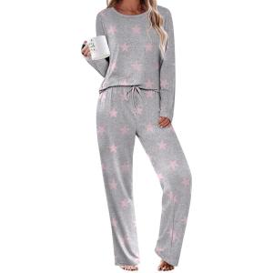 Ekouaer Womens Pajama Sets 2 Piece Sleepwear Soft Pajamas Long Sleeve Pjs Comfy Loungewear S-XXL(Pink Star)