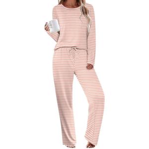 Ekouaer Womens Pajama Sets 2 Piece Sleepwear Soft Pajamas Long Sleeve Pjs Comfy Loungewear S-XXL(Pink Stripe)
