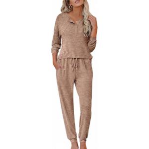 Ekouaer Womens Pajama Sets Long Sleeve Lounge Set 2 Piece Pj Sets for Women Henley Neck Casual Sleepwear Loungewear S-XXL(Brown)