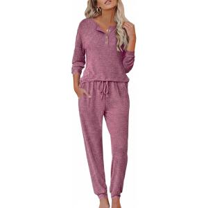 Ekouaer Womens Pajama Sets Long Sleeve Lounge Set 2 Piece Pj Sets for Women Henley Neck Casual Sleepwear Loungewear S-XXL(Deep Red)