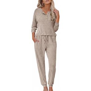 Ekouaer Womens Pajama Sets Long Sleeve Lounge Set 2 Piece Pj Sets for Women Henley Neck Casual Sleepwear Loungewear S-XXL(Khaki)