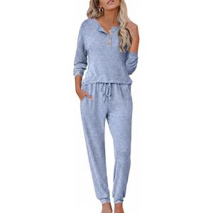 Ekouaer Womens Pajama Sets Long Sleeve Lounge Set 2 Piece Pj Sets for Women Henley Neck Casual Sleepwear Loungewear S-XXL(Light Blue)