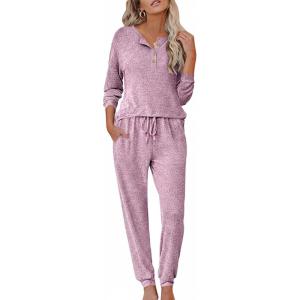 Ekouaer Womens Pajama Sets Long Sleeve Lounge Set 2 Piece Pj Sets for Women Henley Neck Casual Sleepwear Loungewear S-XXL(Purple)