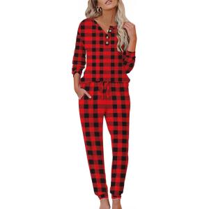 Ekouaer Womens Pajama Sets Long Sleeve Lounge Set 2 Piece Pj Sets for Women Henley Neck Casual Sleepwear Loungewear S-XXL(Red and Black Plaid)