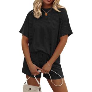 Ekouaer Womens Pajama Sets Short Sleeve Lounge Sets 2 Piece Pjs Tops and Shorts Outfits Matching Loungewear with Pockets(Black)