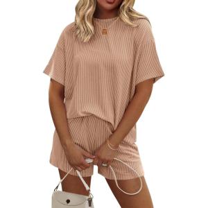 Ekouaer Womens Pajama Sets Short Sleeve Lounge Sets 2 Piece Pjs Tops and Shorts Outfits Matching Loungewear with Pockets(Brown)