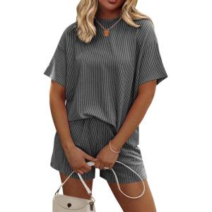 Ekouaer Womens Pajama Sets Short Sleeve Lounge Sets 2 Piece Pjs Tops and Shorts Outfits Matching Loungewear with Pockets(Dark Grey)
