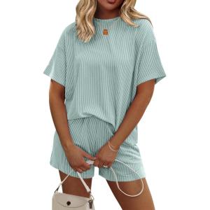 Ekouaer Womens Pajama Sets Short Sleeve Lounge Sets 2 Piece Pjs Tops and Shorts Outfits Matching Loungewear with Pockets(Glacial Green)