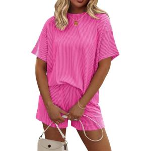 Ekouaer Womens Pajama Sets Short Sleeve Lounge Sets 2 Piece Pjs Tops and Shorts Outfits Matching Loungewear with Pockets(Hot Pink)