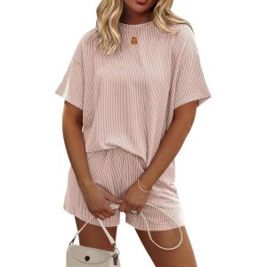 Ekouaer Womens Pajama Sets Short Sleeve Lounge Sets 2 Piece Pjs Tops and Shorts Outfits Matching Loungewear with Pockets(Light Khaki)